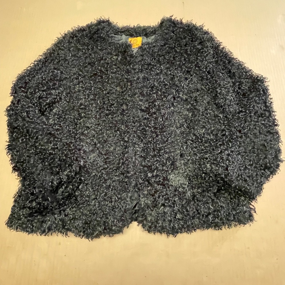 Ruby Rd Sz 6 Black Faux Fur Jacket Shaggy Curly Poodle Knit Open Front Cozy Glam